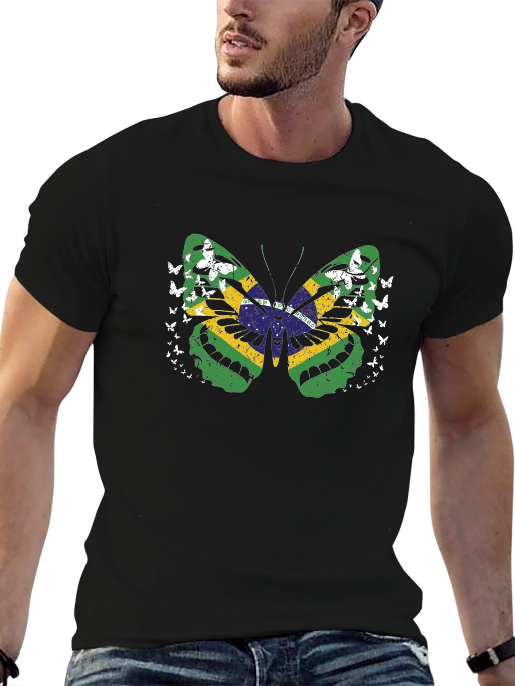 Brazil Flag Butterfly Graphic Tee - Black