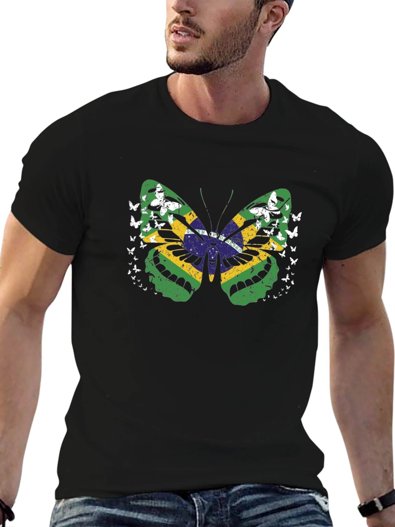 Brazil Flag Butterfly Graphic Tee - Black