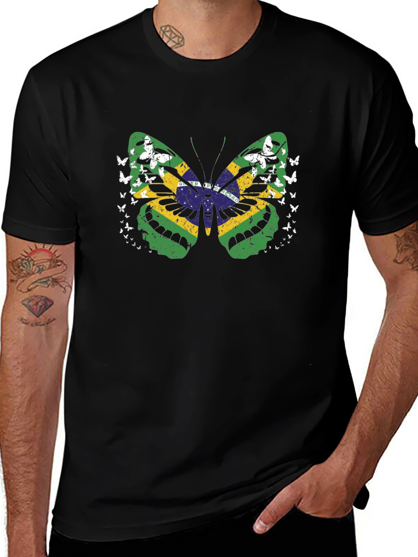 Brazil Flag Butterfly Graphic Tee - Black