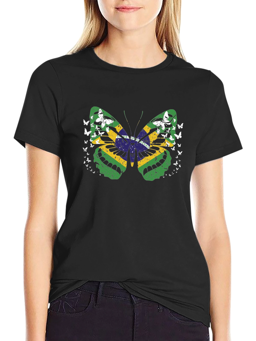 Brazil Flag Butterfly Graphic Tee - Black