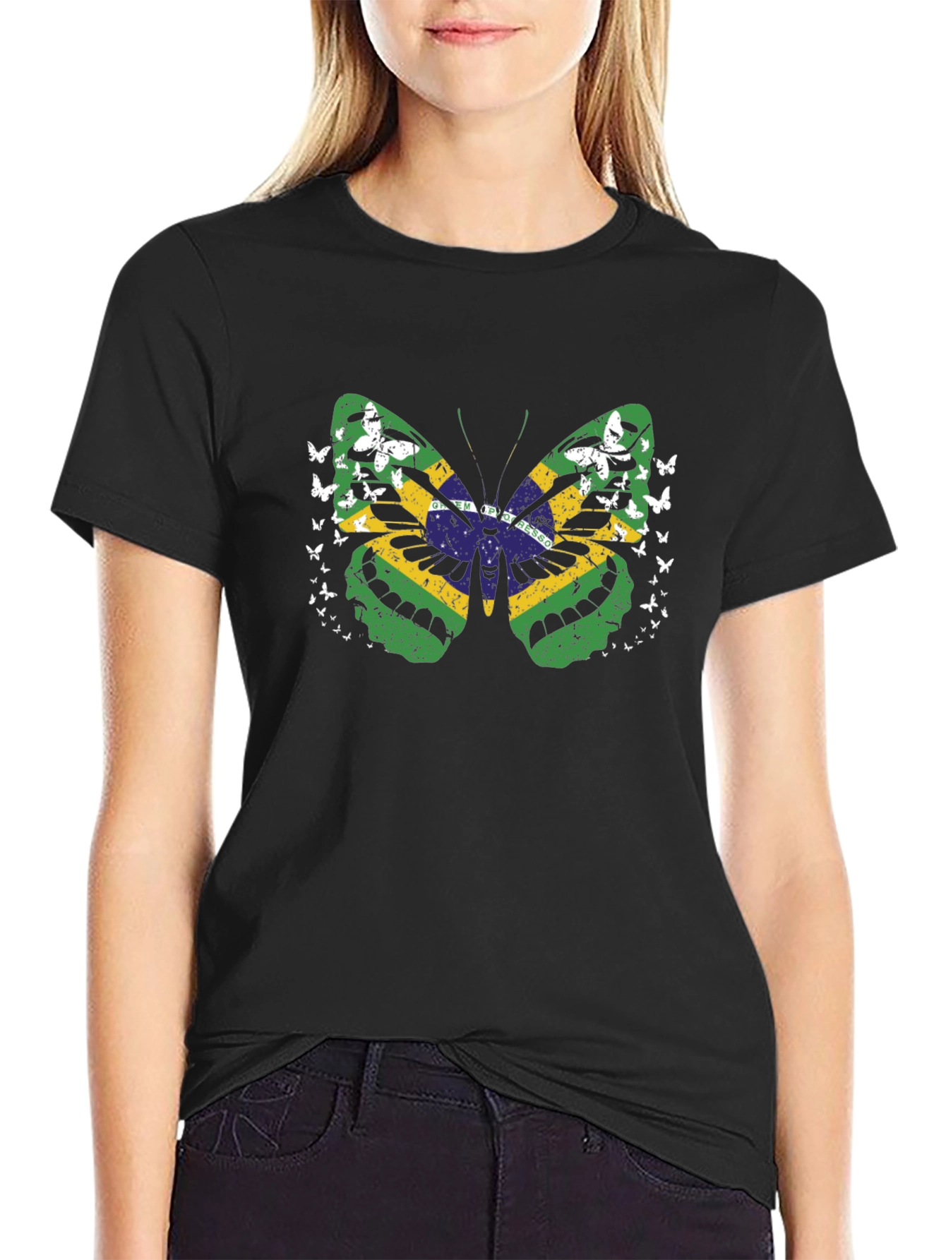 Brazil Flag Butterfly Graphic Tee - Black
