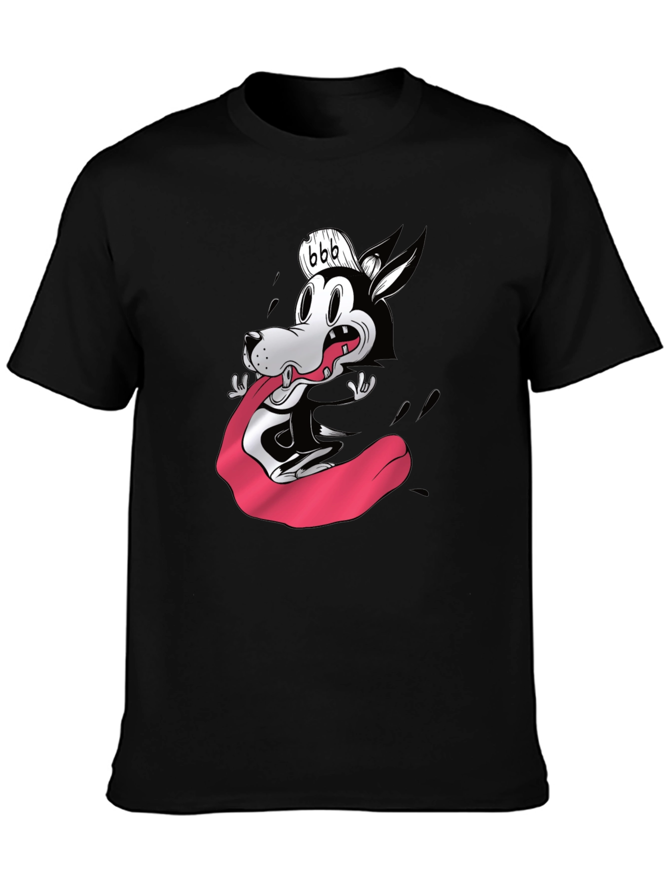 Cartoon Wolf Graphic Tee - Black Cotton Blend