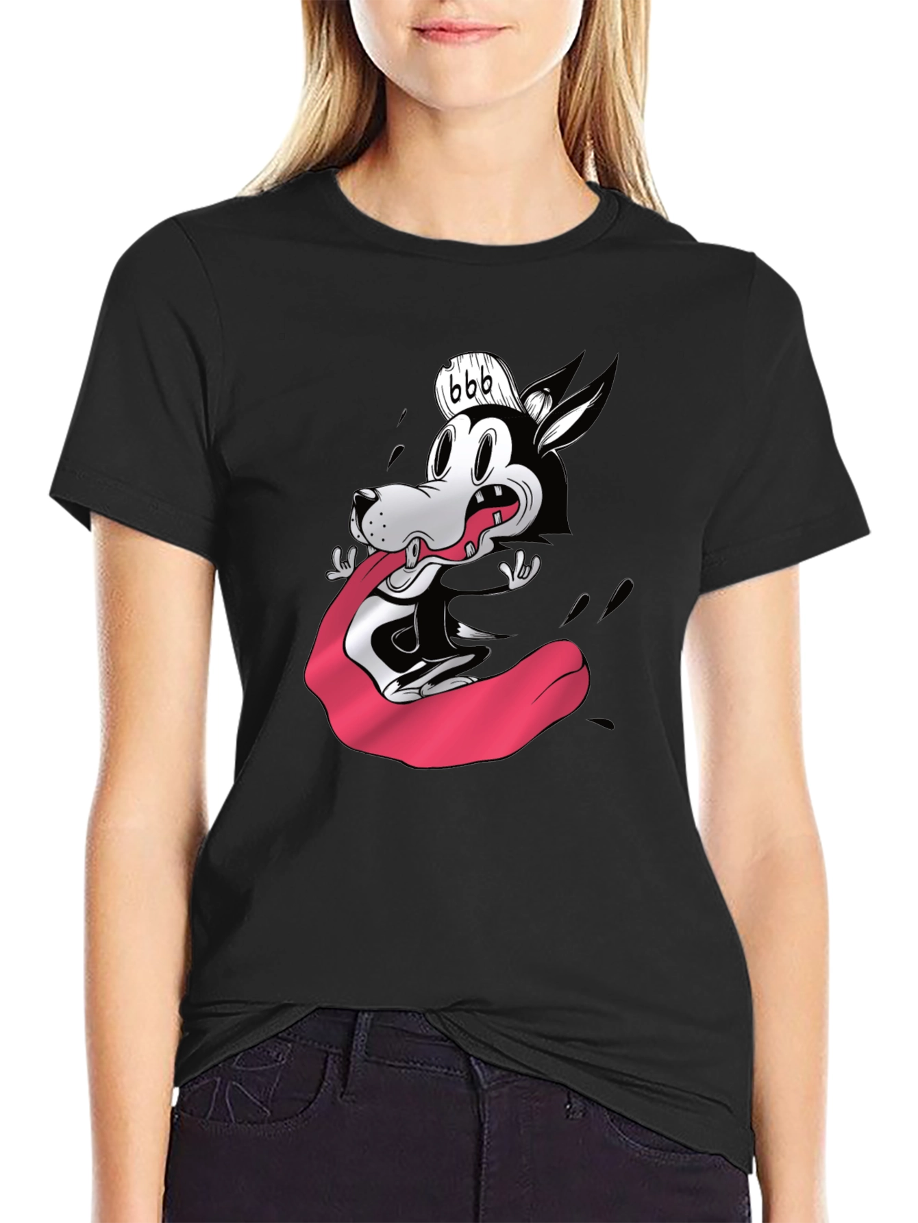 Cartoon Wolf Graphic Tee - Black Cotton Blend