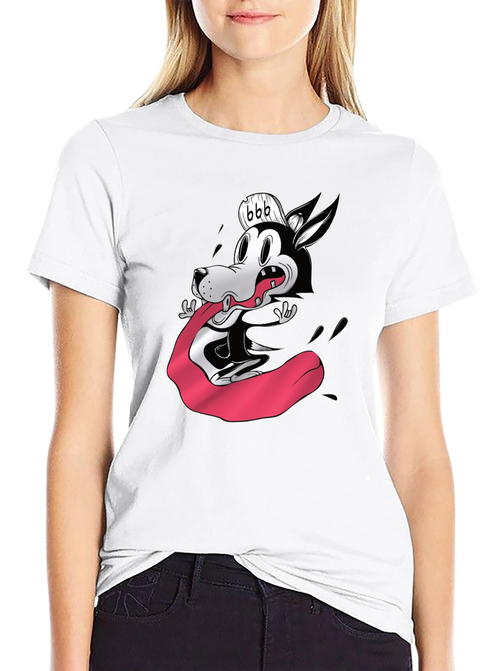 Cartoon Wolf Graphic Tee - Black Cotton Blend