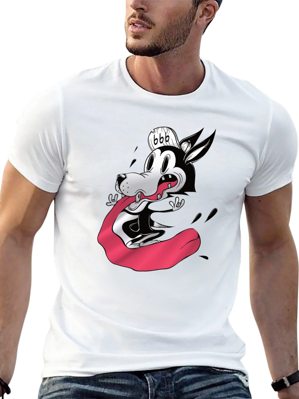 Cartoon Wolf Graphic Tee - Black Cotton Blend