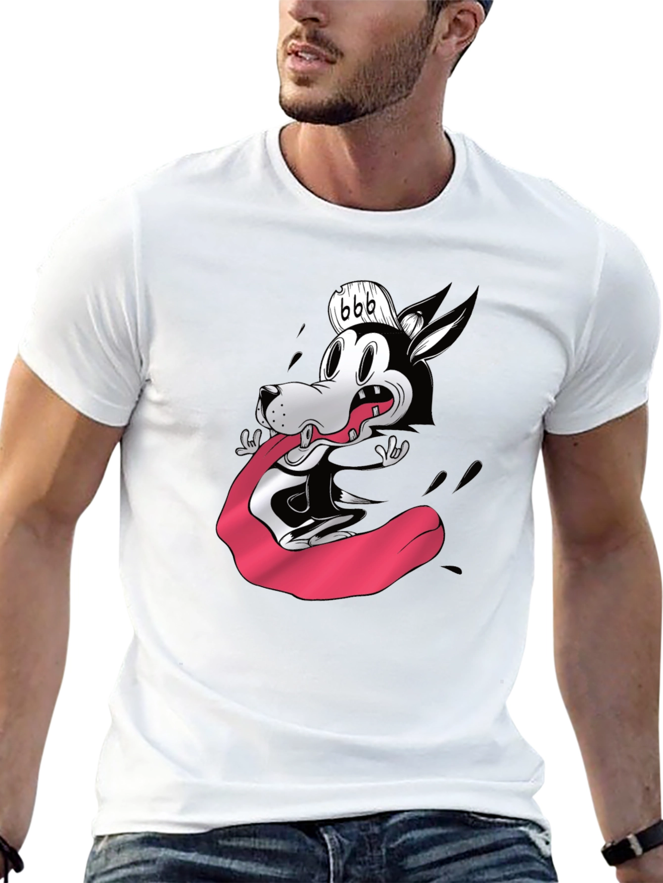 Cartoon Wolf Graphic Tee - Black Cotton Blend