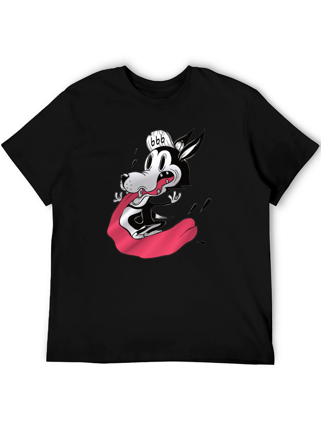 Cartoon Wolf Graphic Tee - Black Cotton Blend