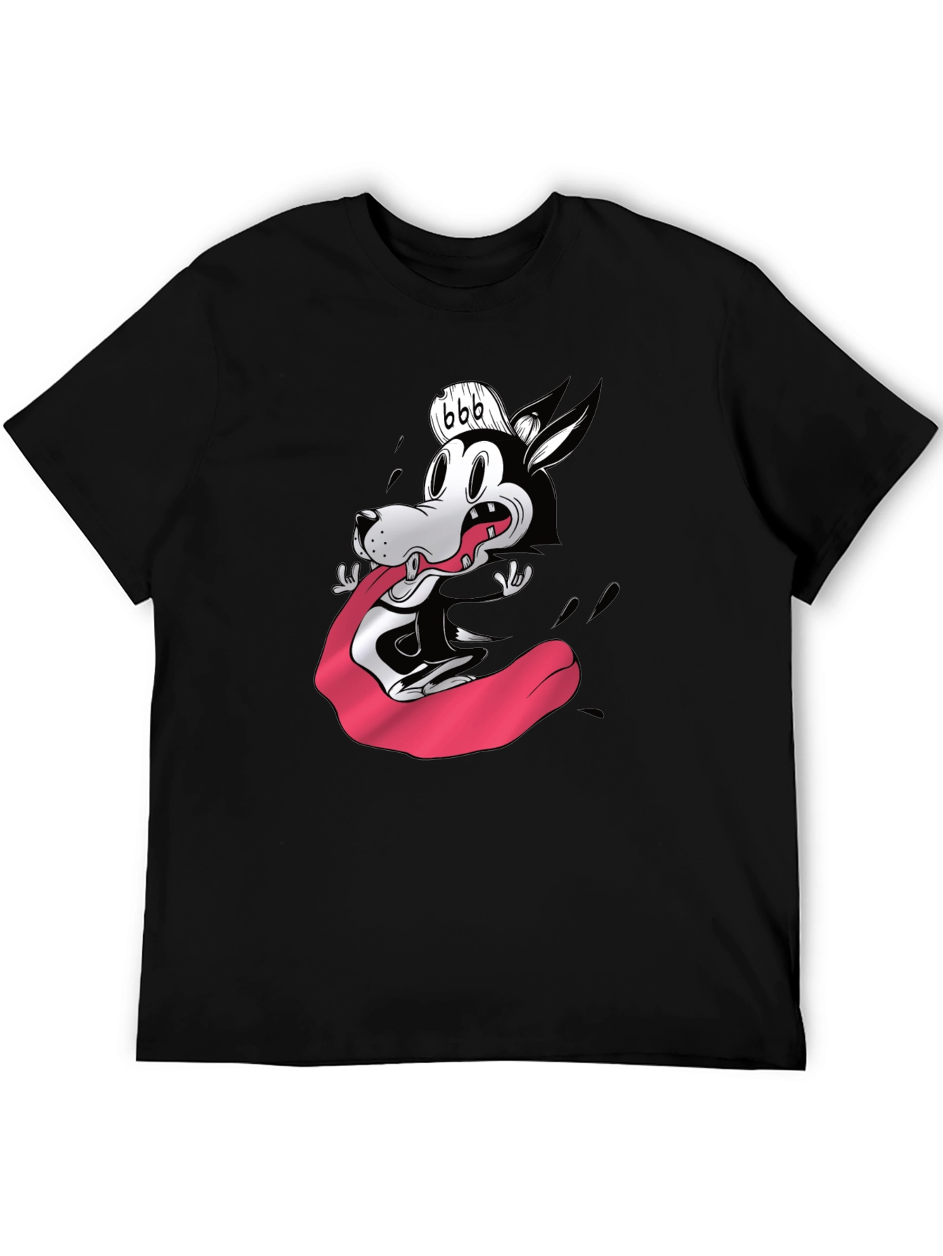 Cartoon Wolf Graphic Tee - Black Cotton Blend