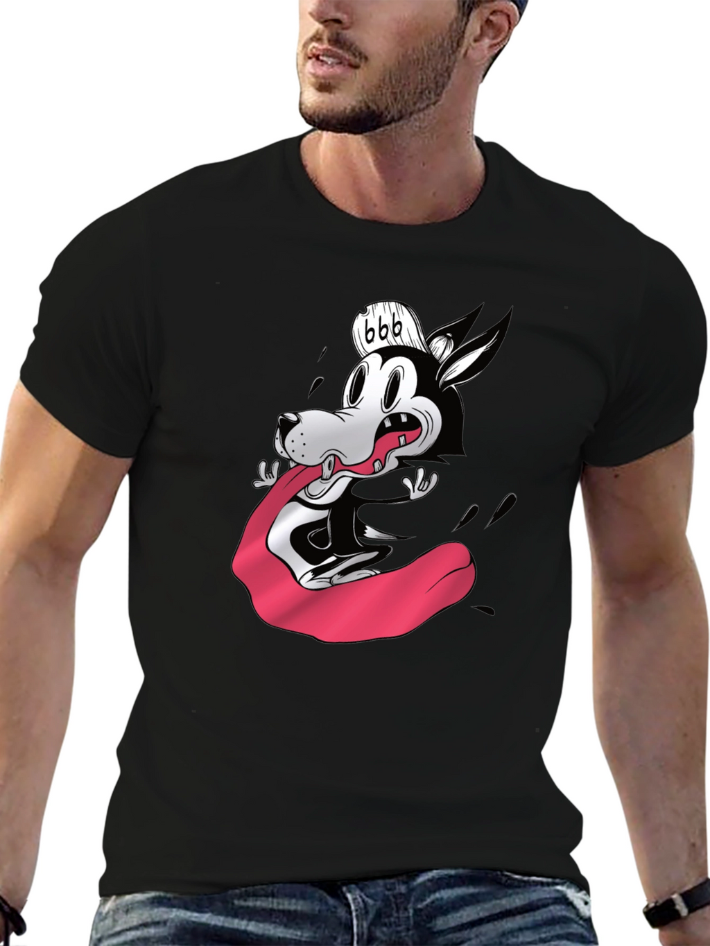 Cartoon Wolf Graphic Tee - Black Cotton Blend