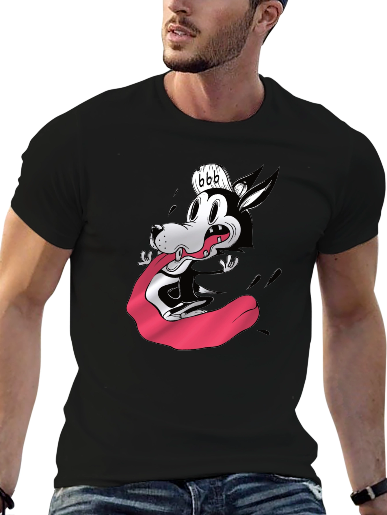 Cartoon Wolf Graphic Tee - Black Cotton Blend