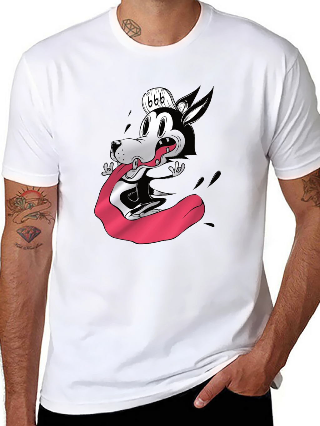 Cartoon Wolf Graphic Tee - Black Cotton Blend