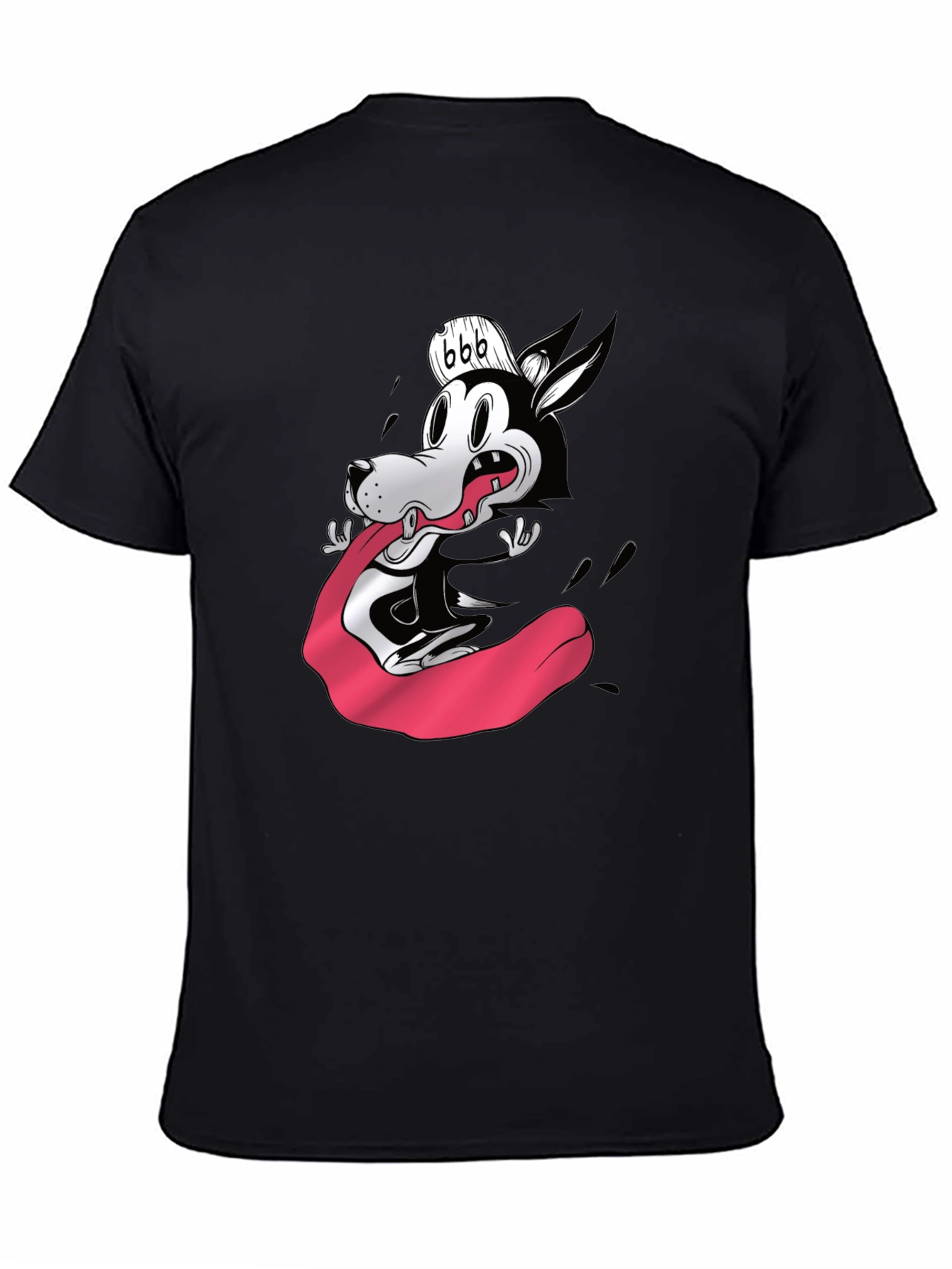 Cartoon Wolf Graphic Tee - Black Cotton Blend