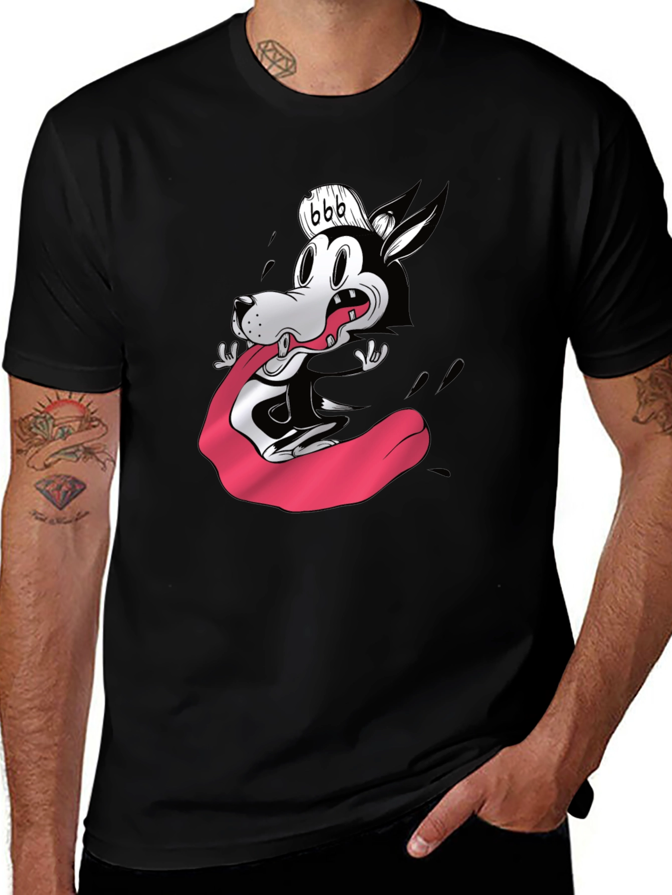 Cartoon Wolf Graphic Tee - Black Cotton Blend