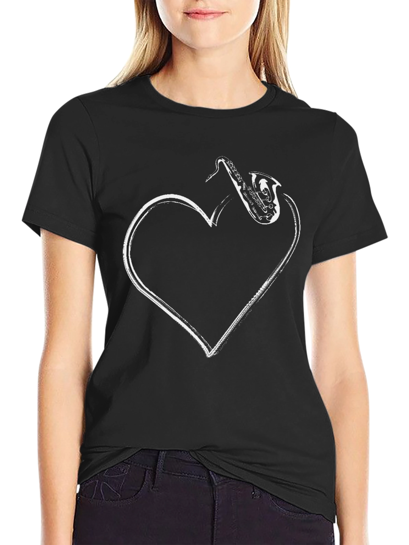 Saxophone Heart Graphic Black T-Shirt