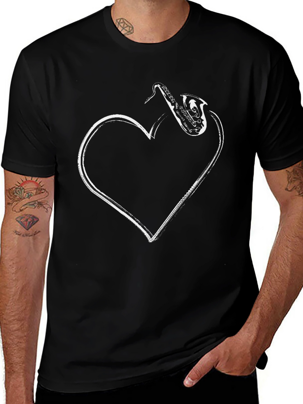 Saxophone Heart Graphic Black T-Shirt