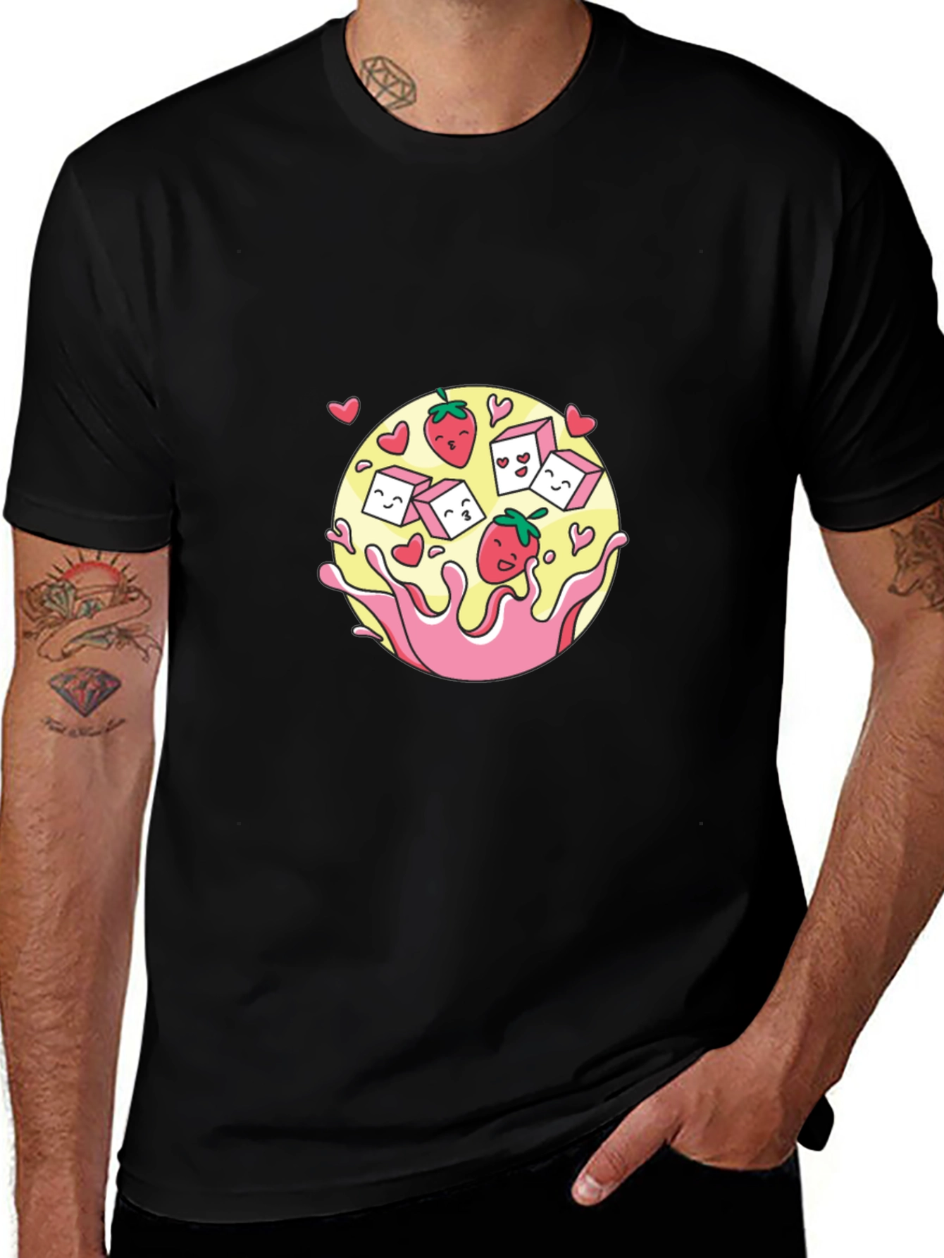 Strawberry Sugar Cube Splash Graphic Tee - Black Cotton Blend