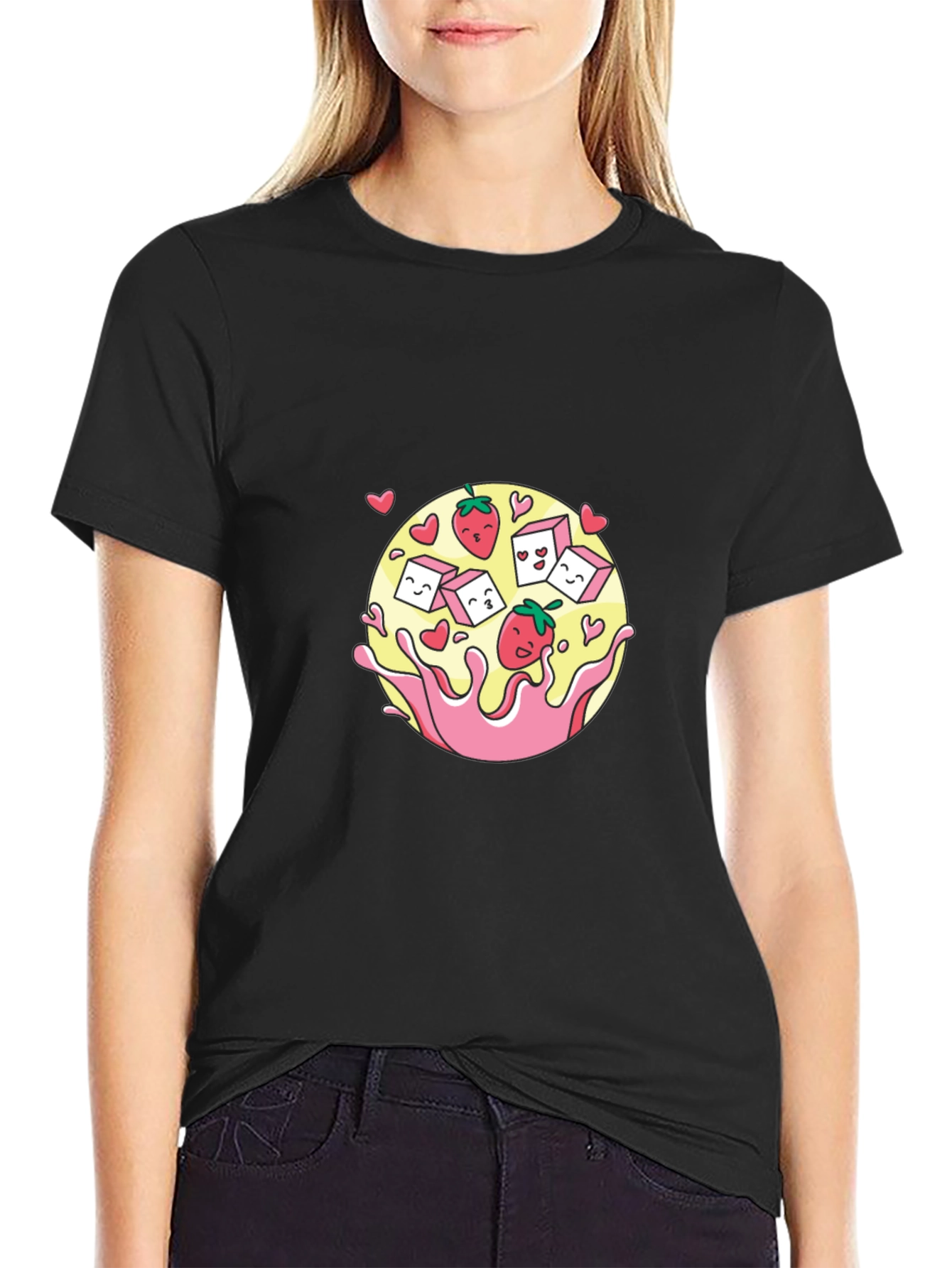 Strawberry Sugar Cube Splash Graphic Tee - Black Cotton Blend