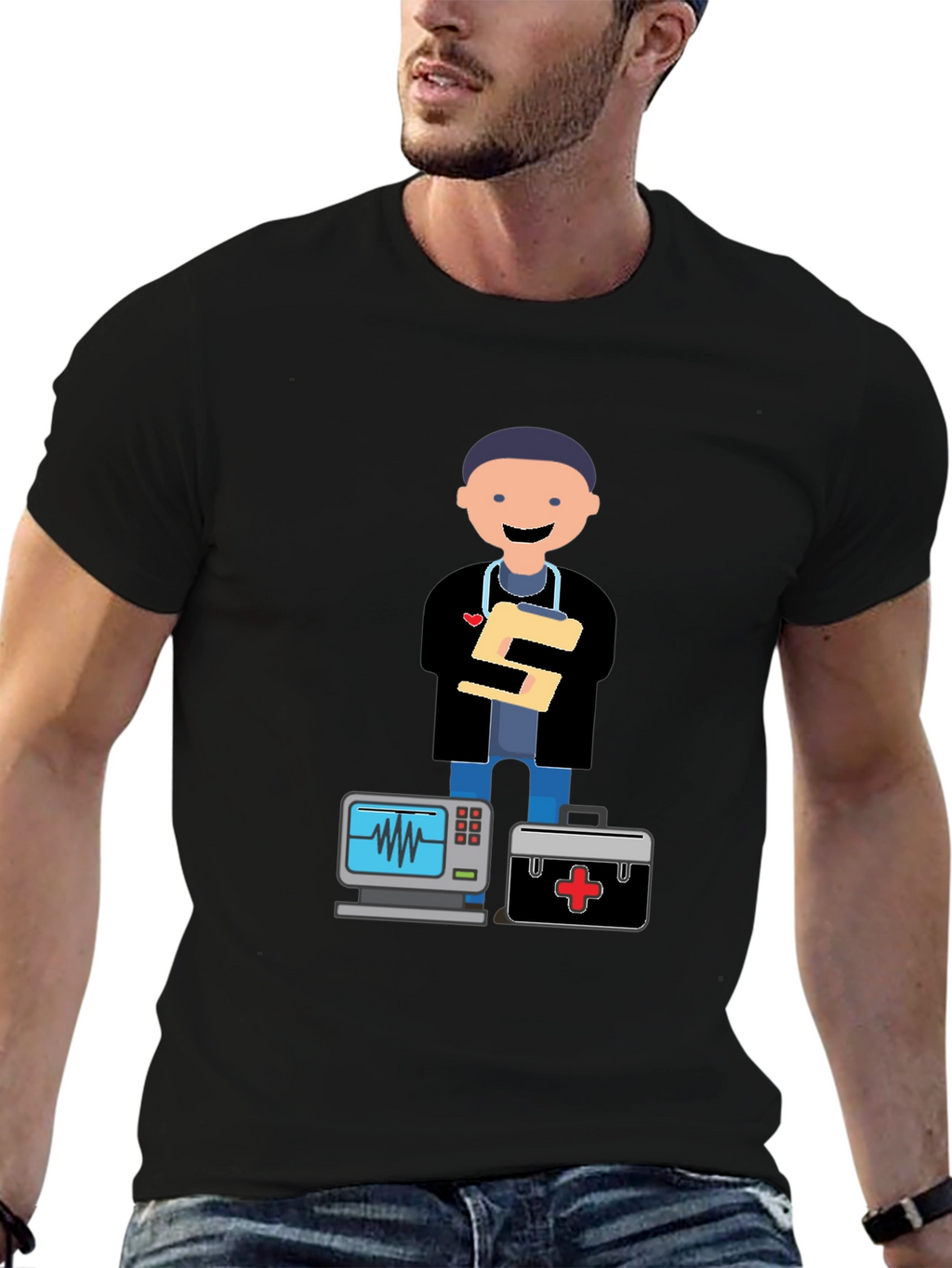 Cartoon Doctor Black T-Shirt