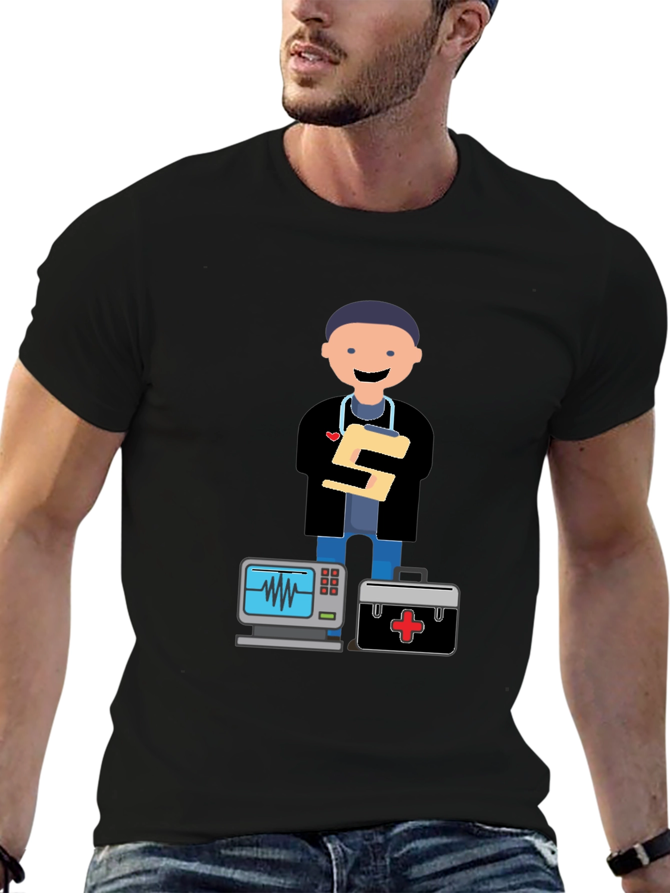 Cartoon Doctor Black T-Shirt
