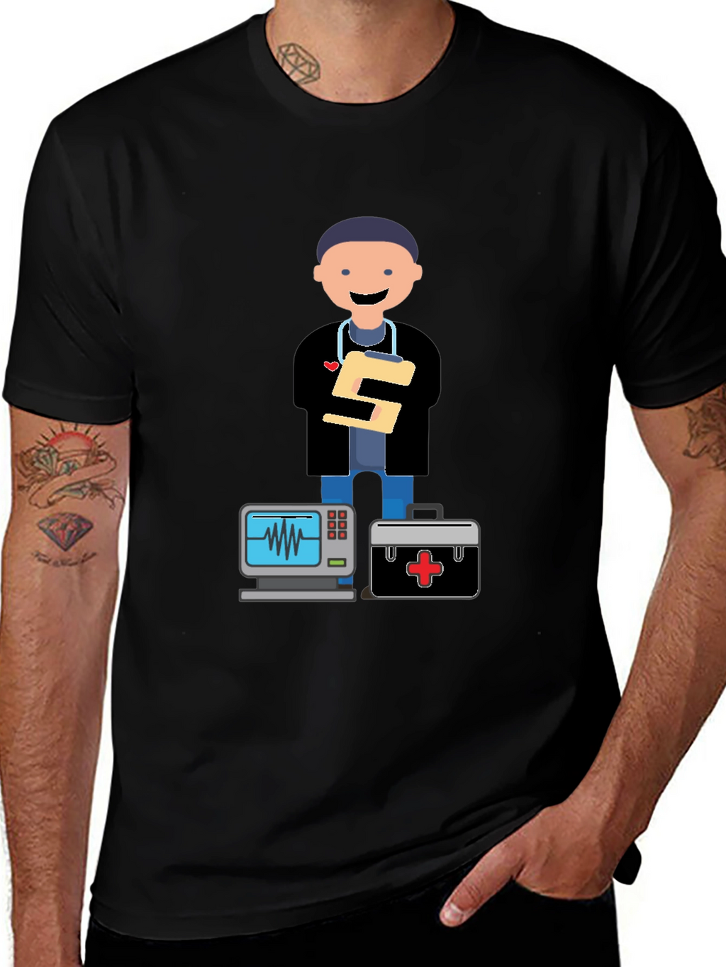 Cartoon Doctor Black T-Shirt
