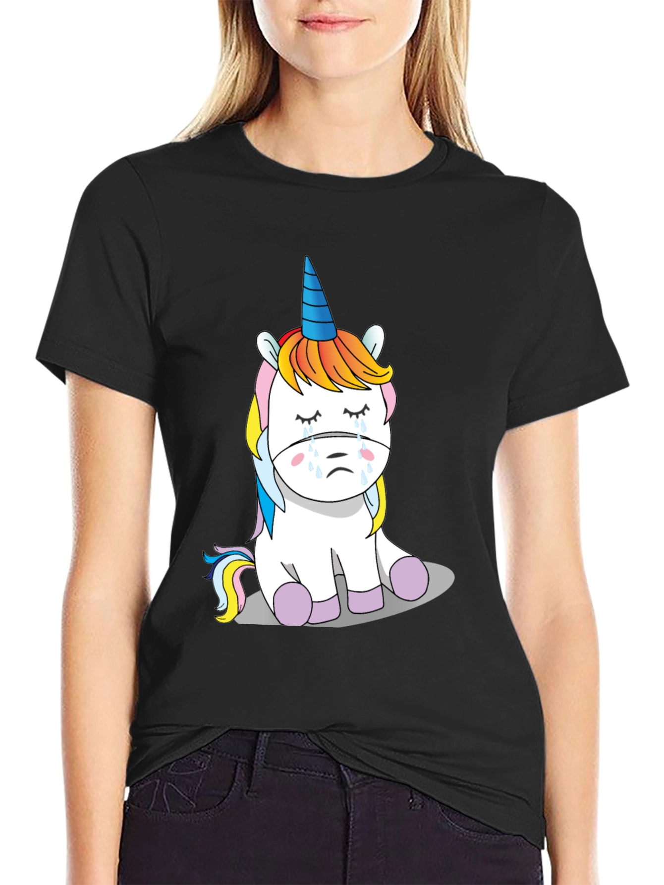 Sad Unicorn Graphic T-Shirt - Mens Black Cotton Tee