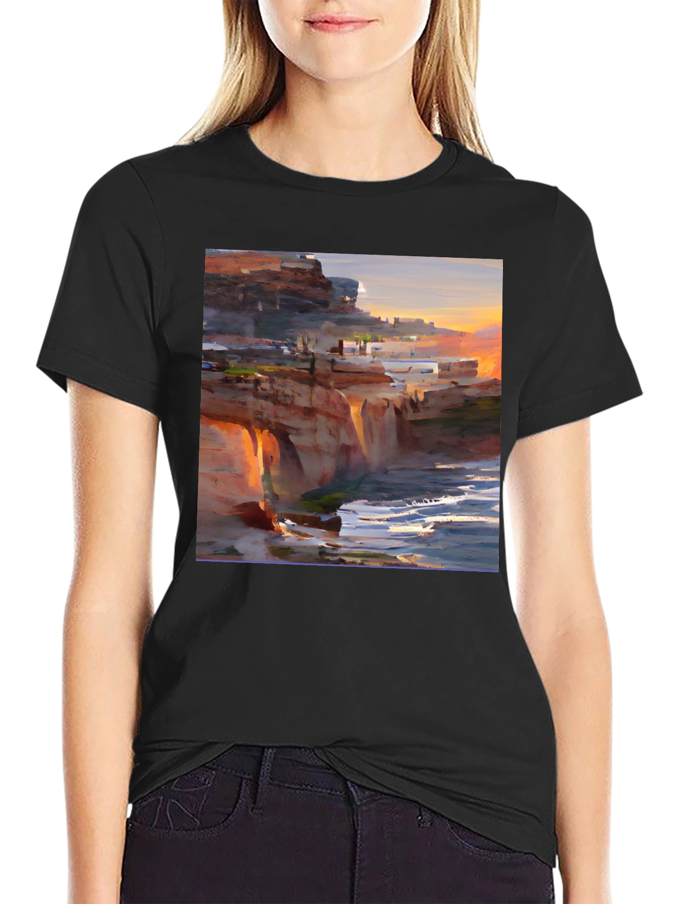 Coastal Cliffside Art T-Shirt - Black Graphic Tee