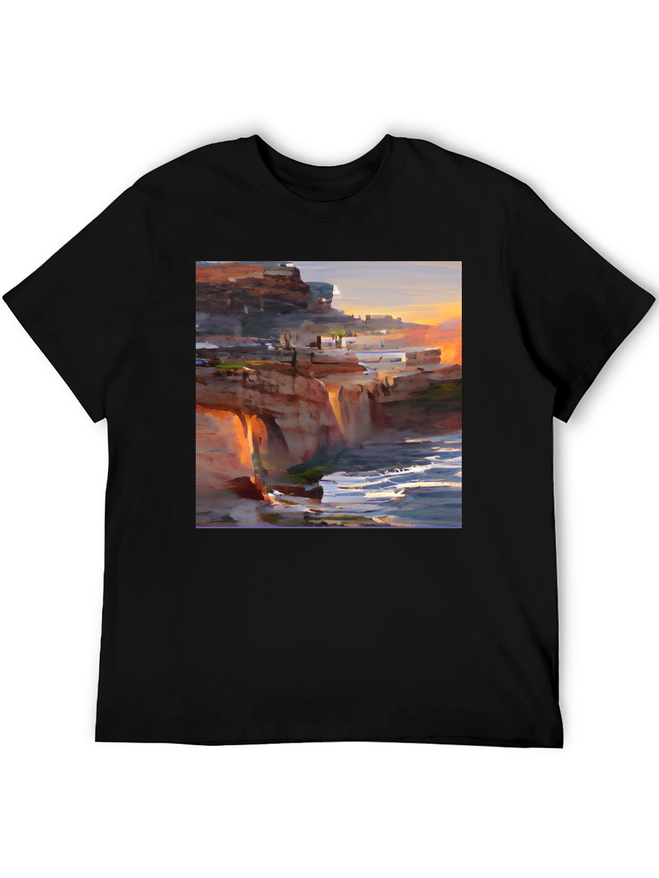 Coastal Cliffside Art T-Shirt - Black Graphic Tee