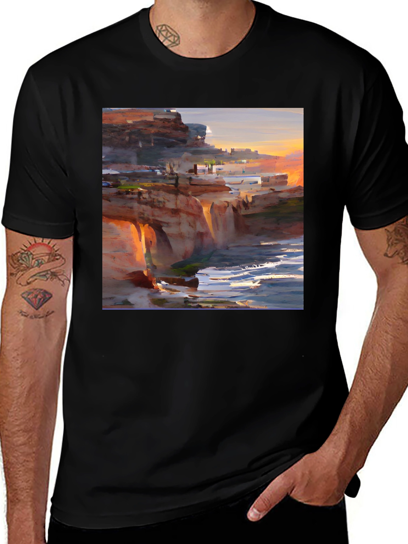 Coastal Cliffside Art T-Shirt - Black Graphic Tee