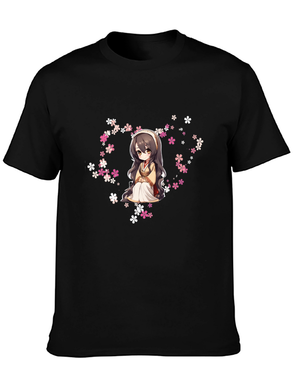Anime Girl in Flowers Black T-Shirt