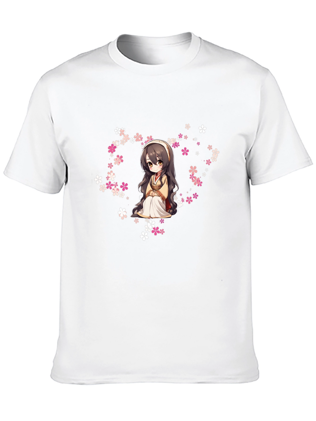Anime Girl in Flowers Black T-Shirt