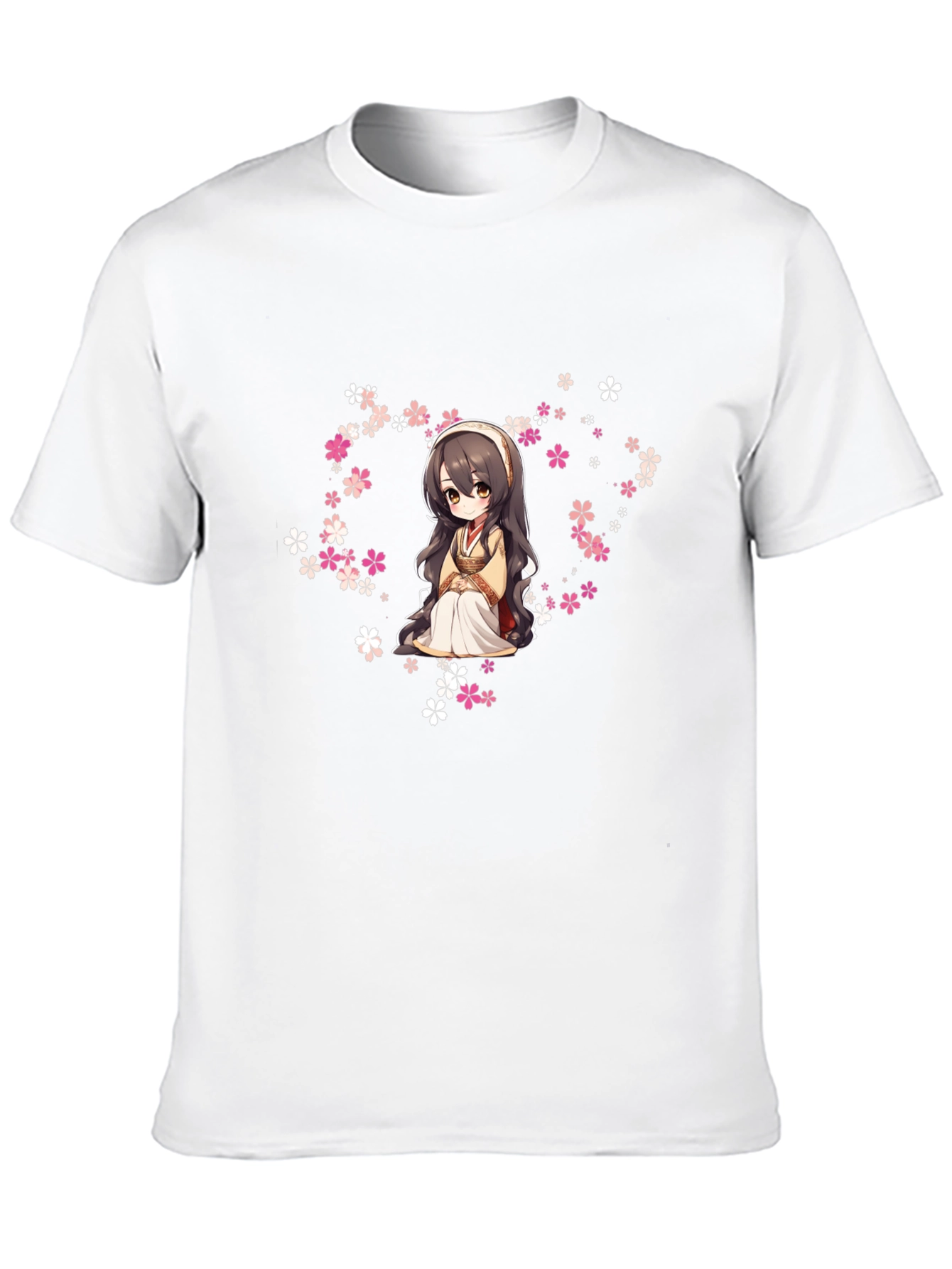 Anime Girl in Flowers Black T-Shirt