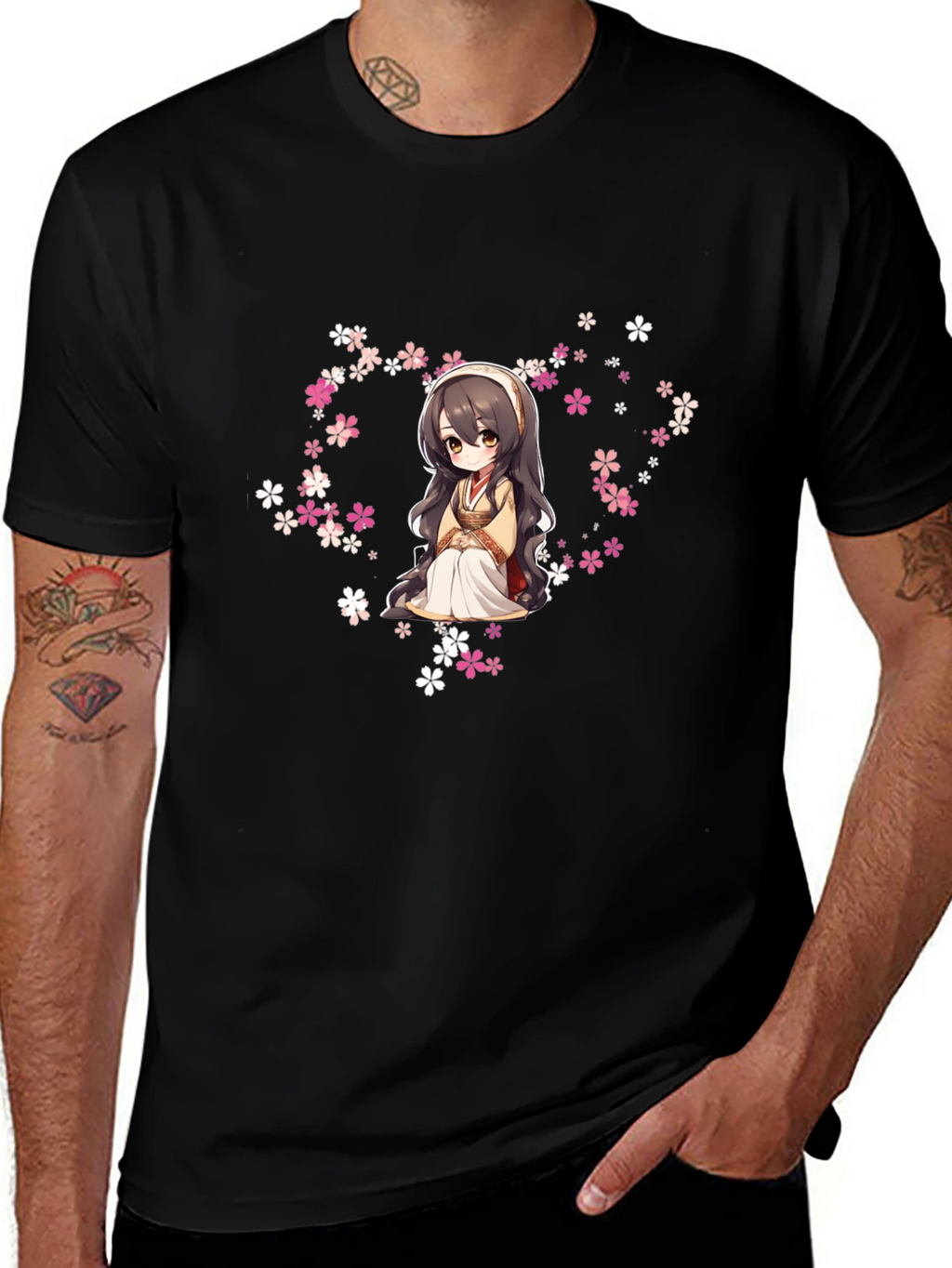 Anime Girl in Flowers Black T-Shirt