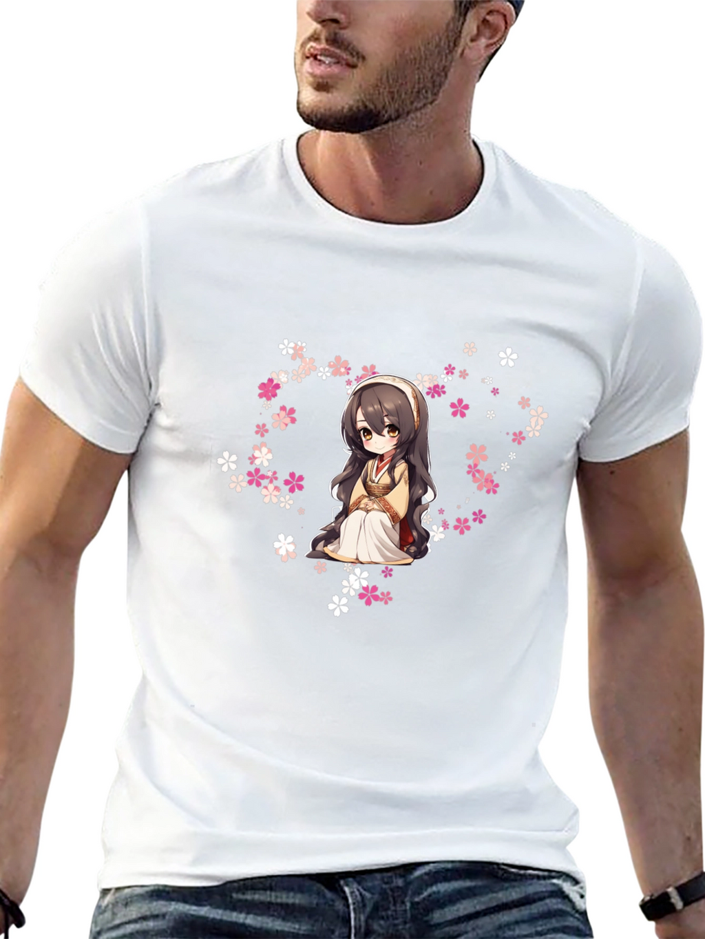 Anime Girl in Flowers Black T-Shirt