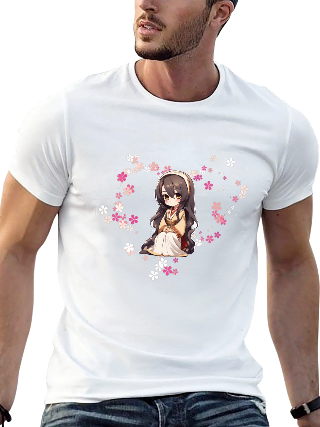 Anime Girl in Flowers Black T-Shirt