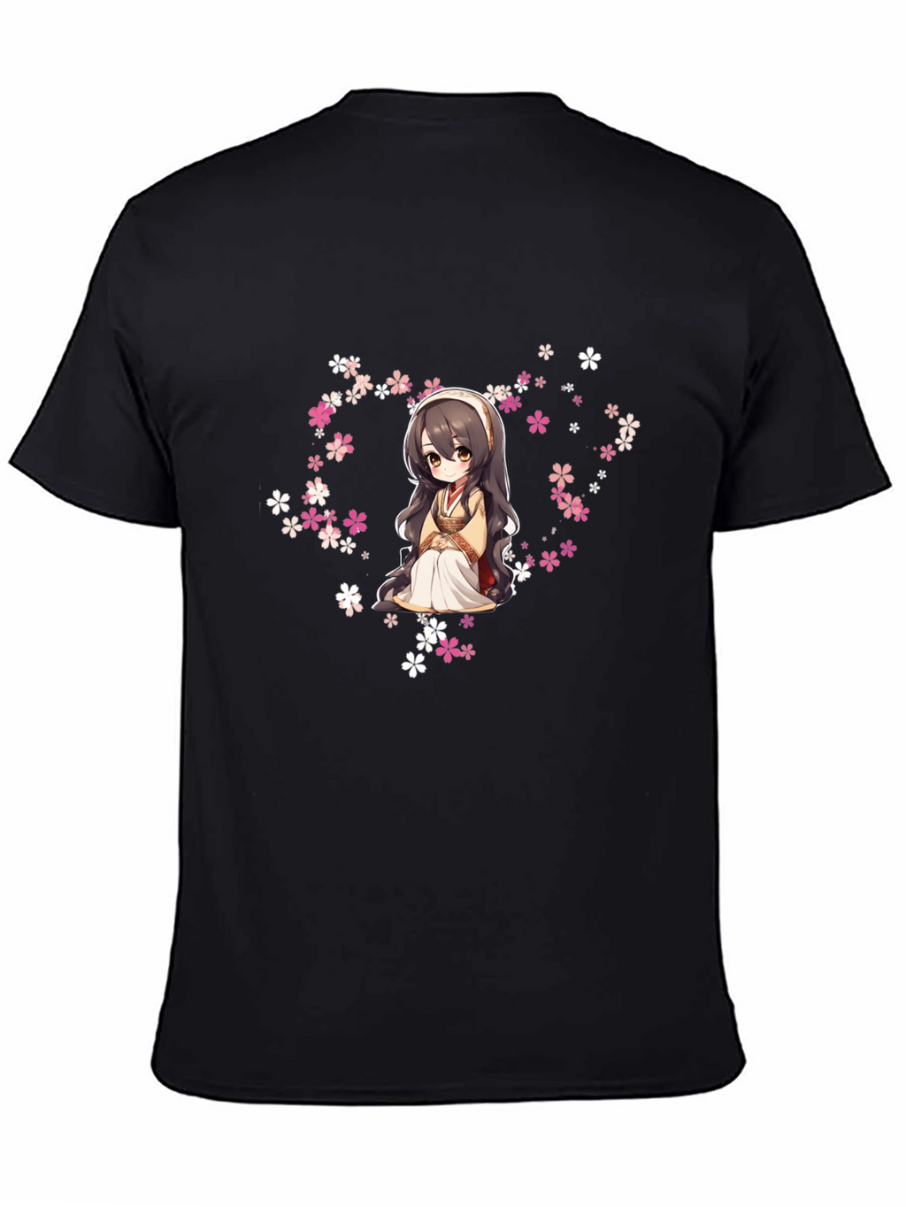 Anime Girl in Flowers Black T-Shirt