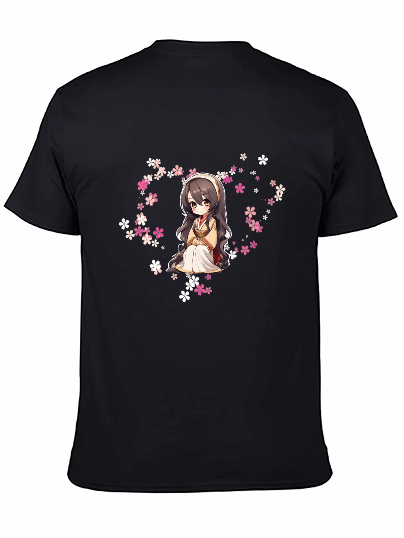 Anime Girl in Flowers Black T-Shirt