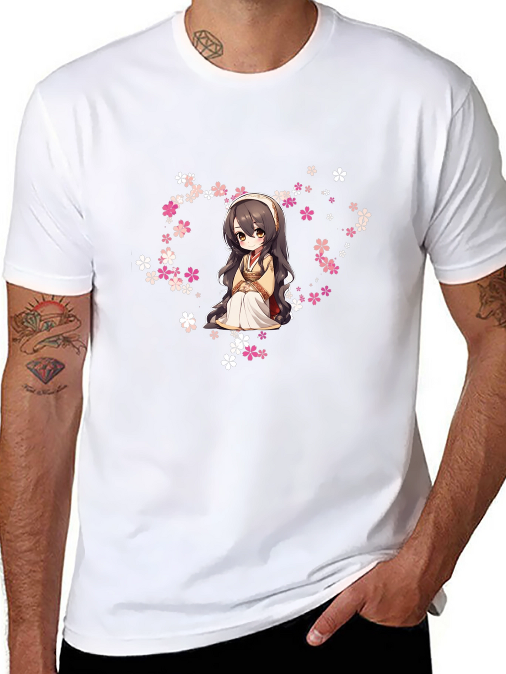 Anime Girl in Flowers Black T-Shirt