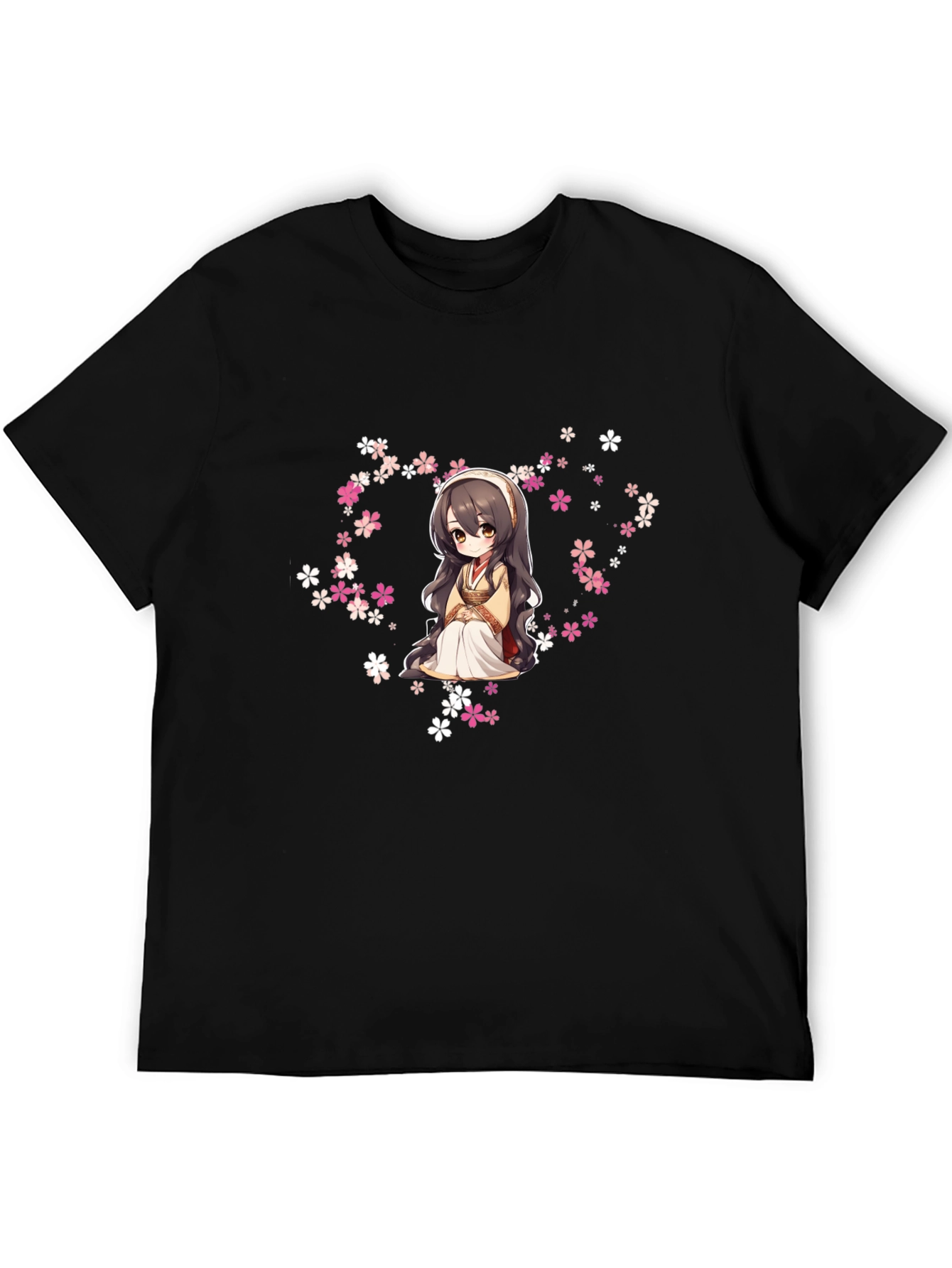 Anime Girl in Flowers Black T-Shirt