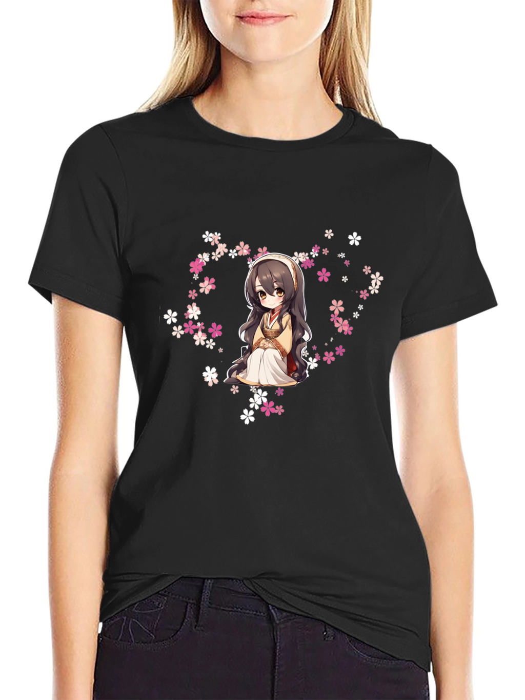 Anime Girl in Flowers Black T-Shirt