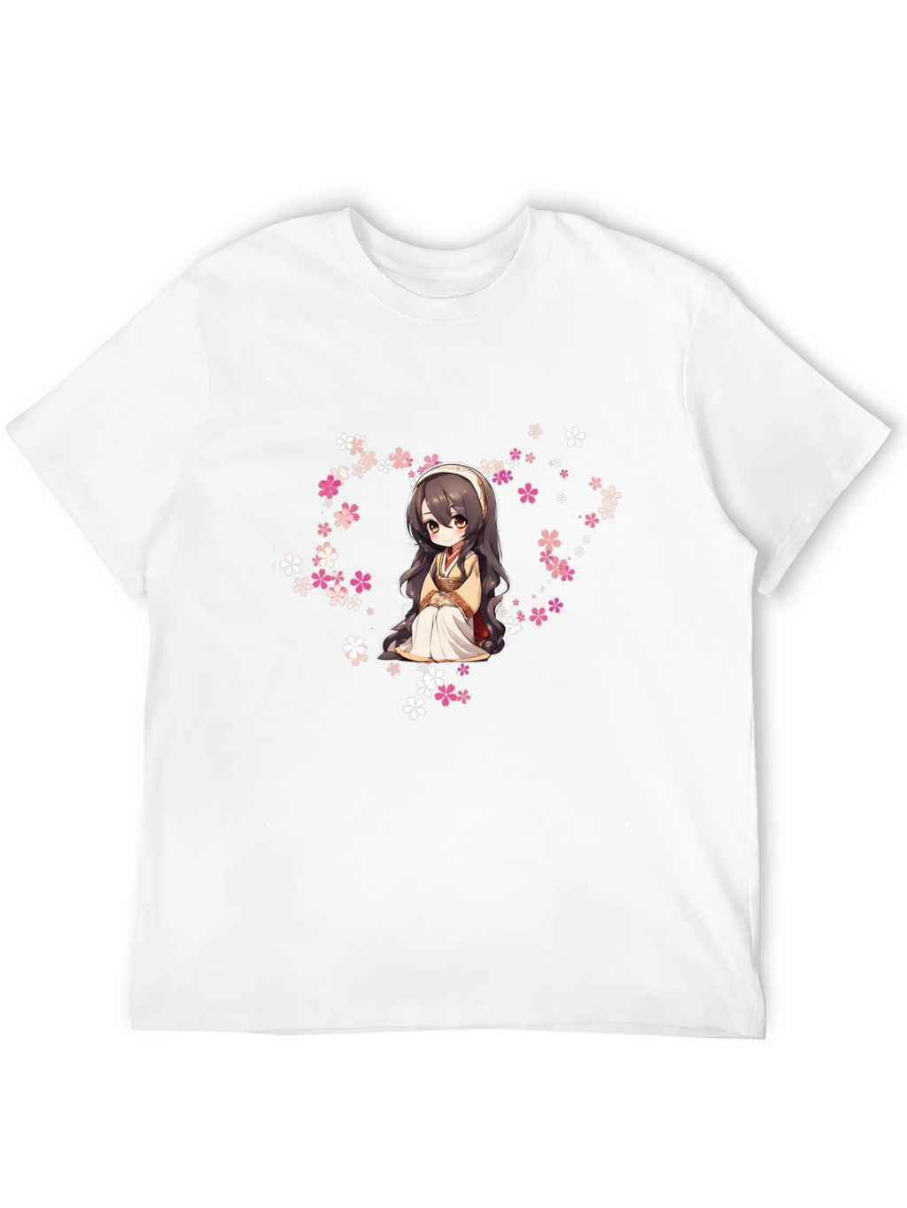 Anime Girl in Flowers Black T-Shirt