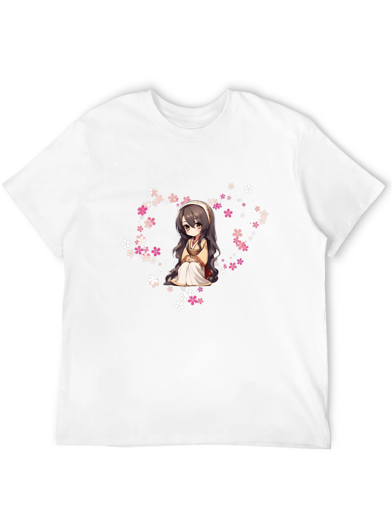 Anime Girl in Flowers Black T-Shirt