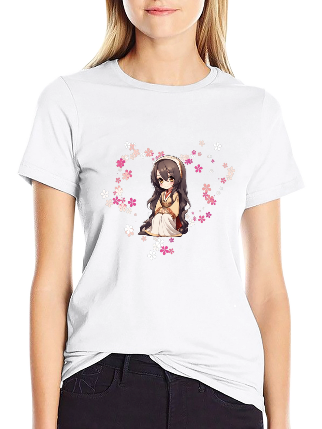 Anime Girl in Flowers Black T-Shirt