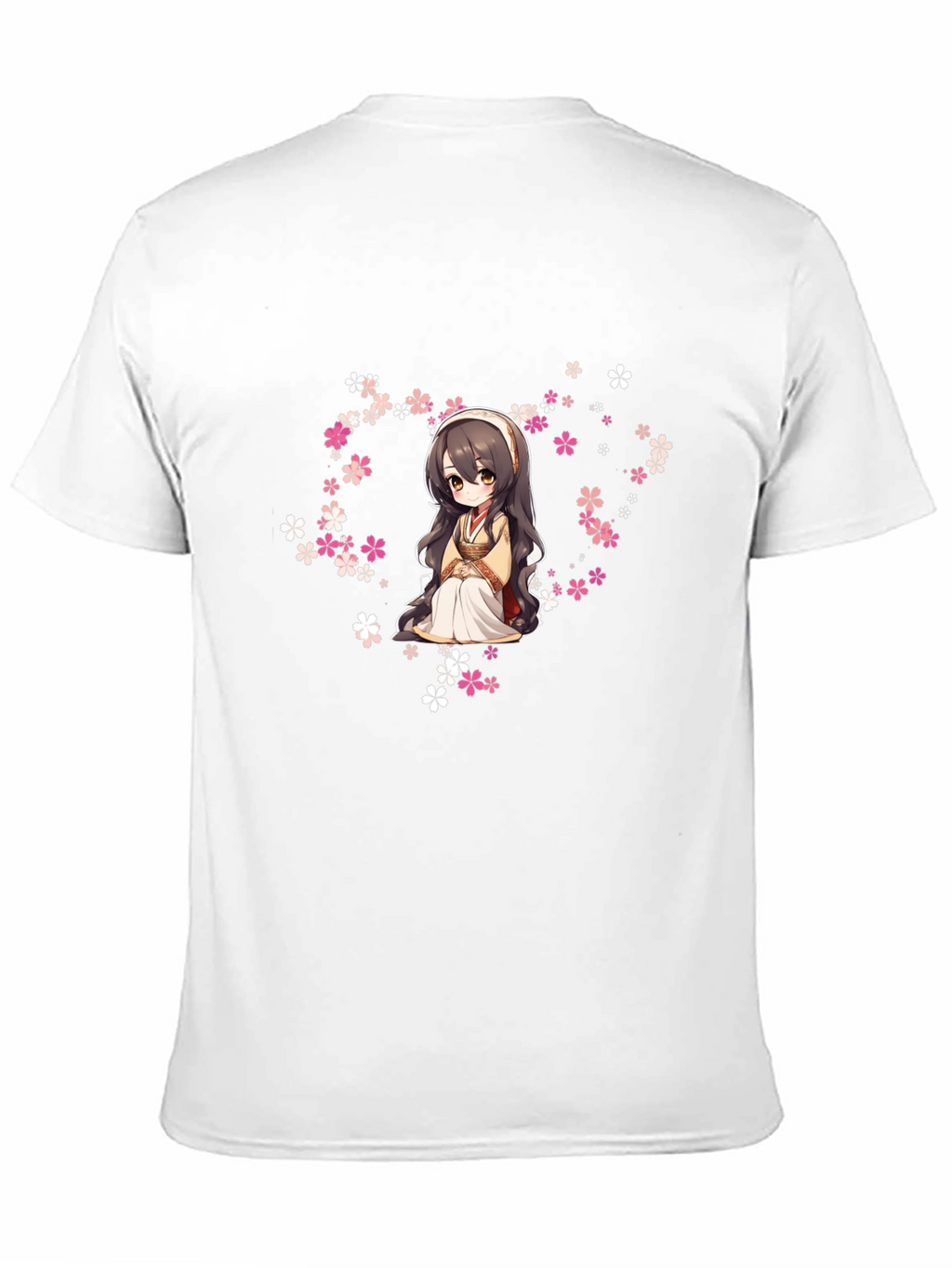 Anime Girl in Flowers Black T-Shirt
