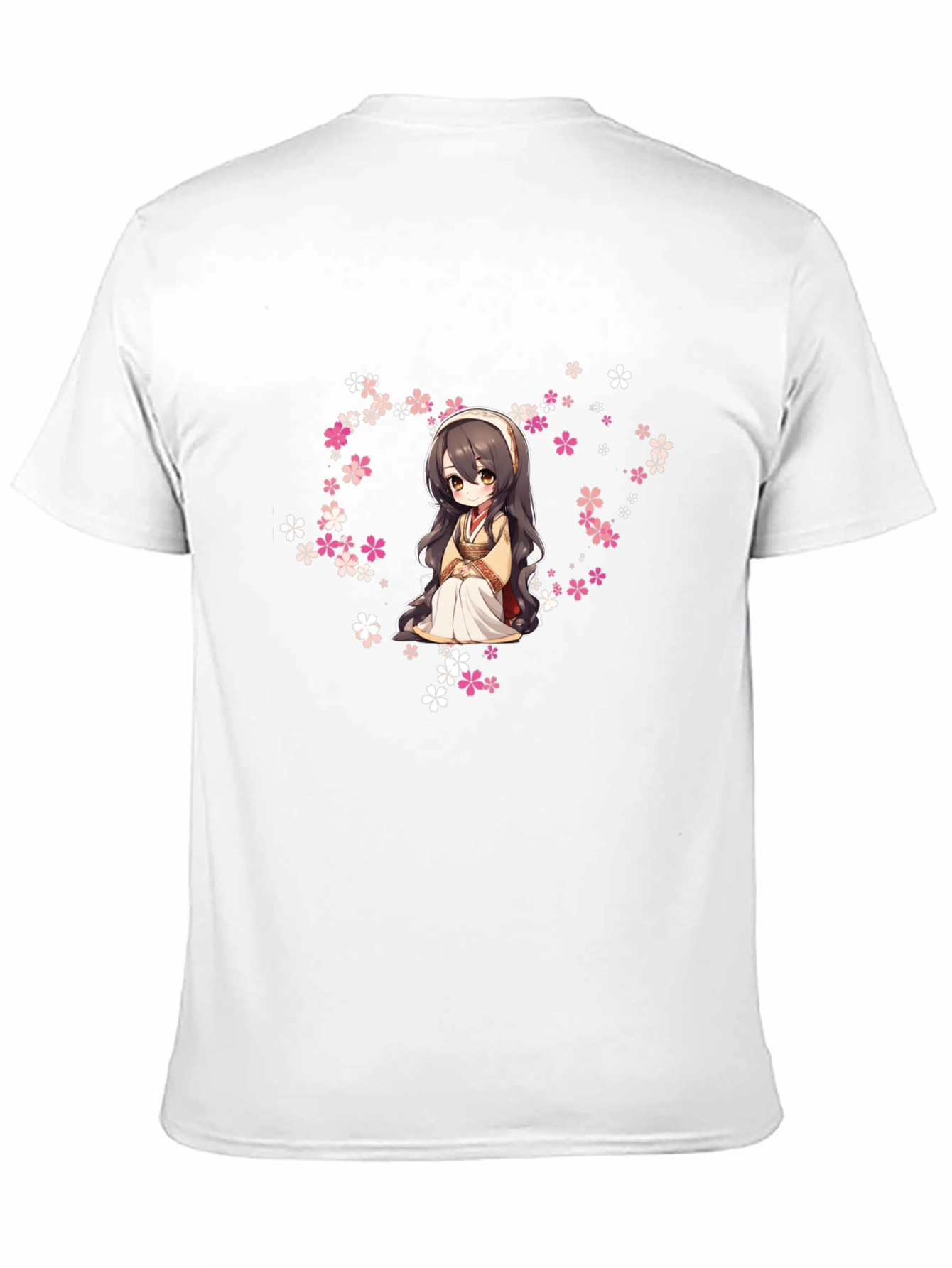 Anime Girl in Flowers Black T-Shirt