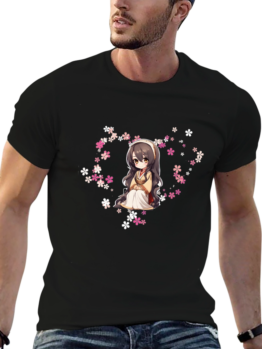 Anime Girl in Flowers Black T-Shirt