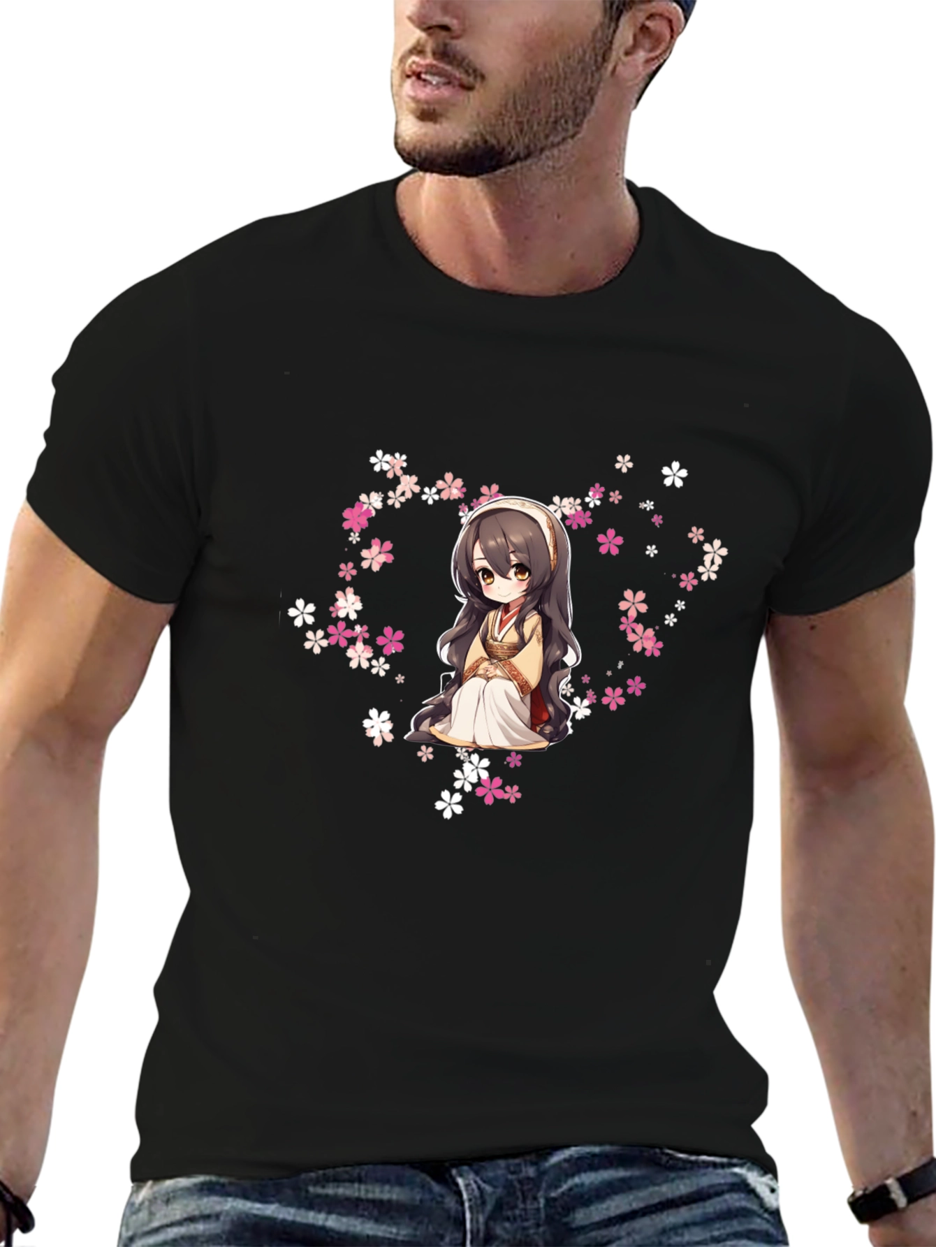 Anime Girl in Flowers Black T-Shirt