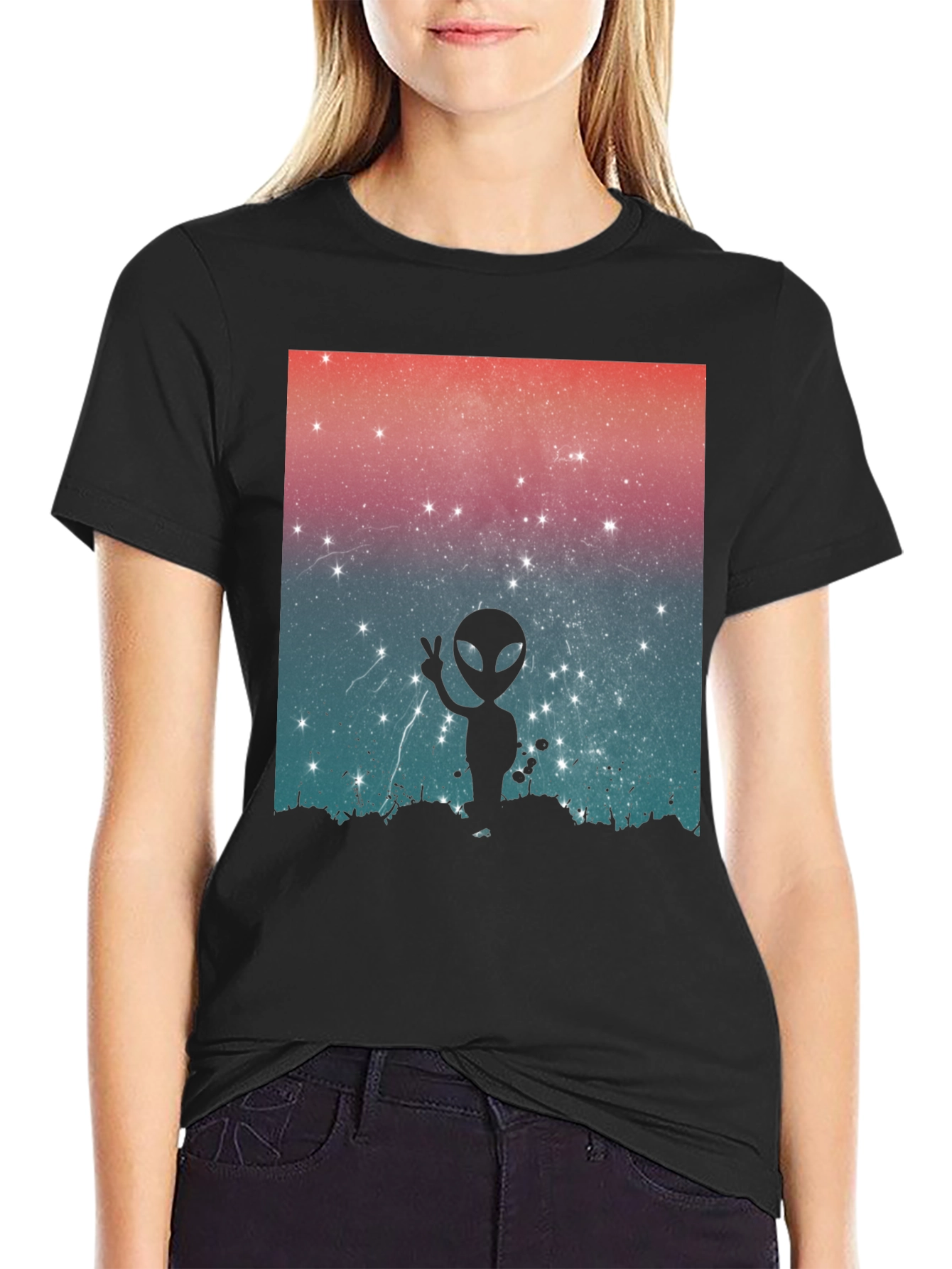 Alien Peace Sign Graphic Tee - Black Cotton Blend