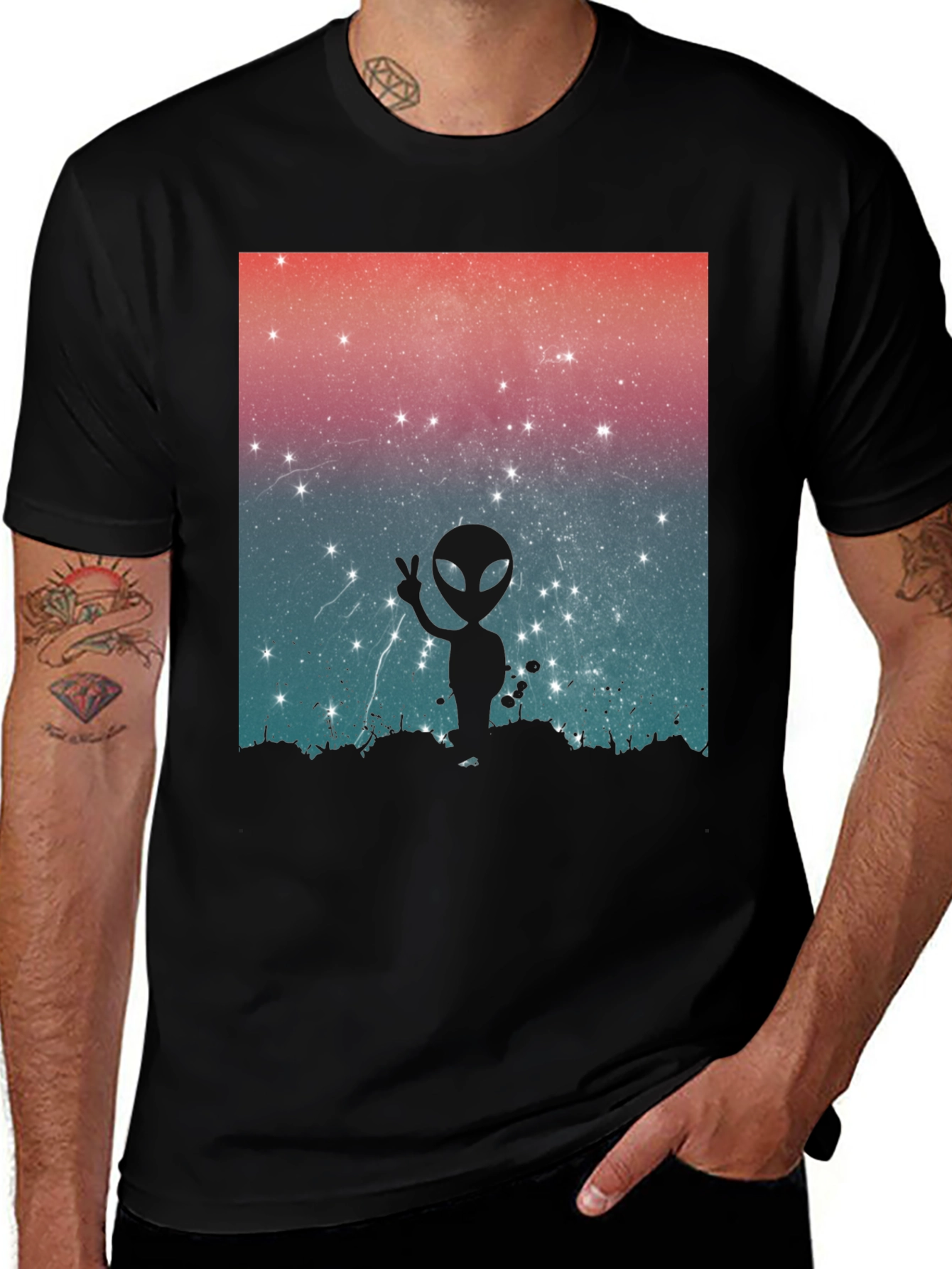 Alien Peace Sign Graphic Tee - Black Cotton Blend