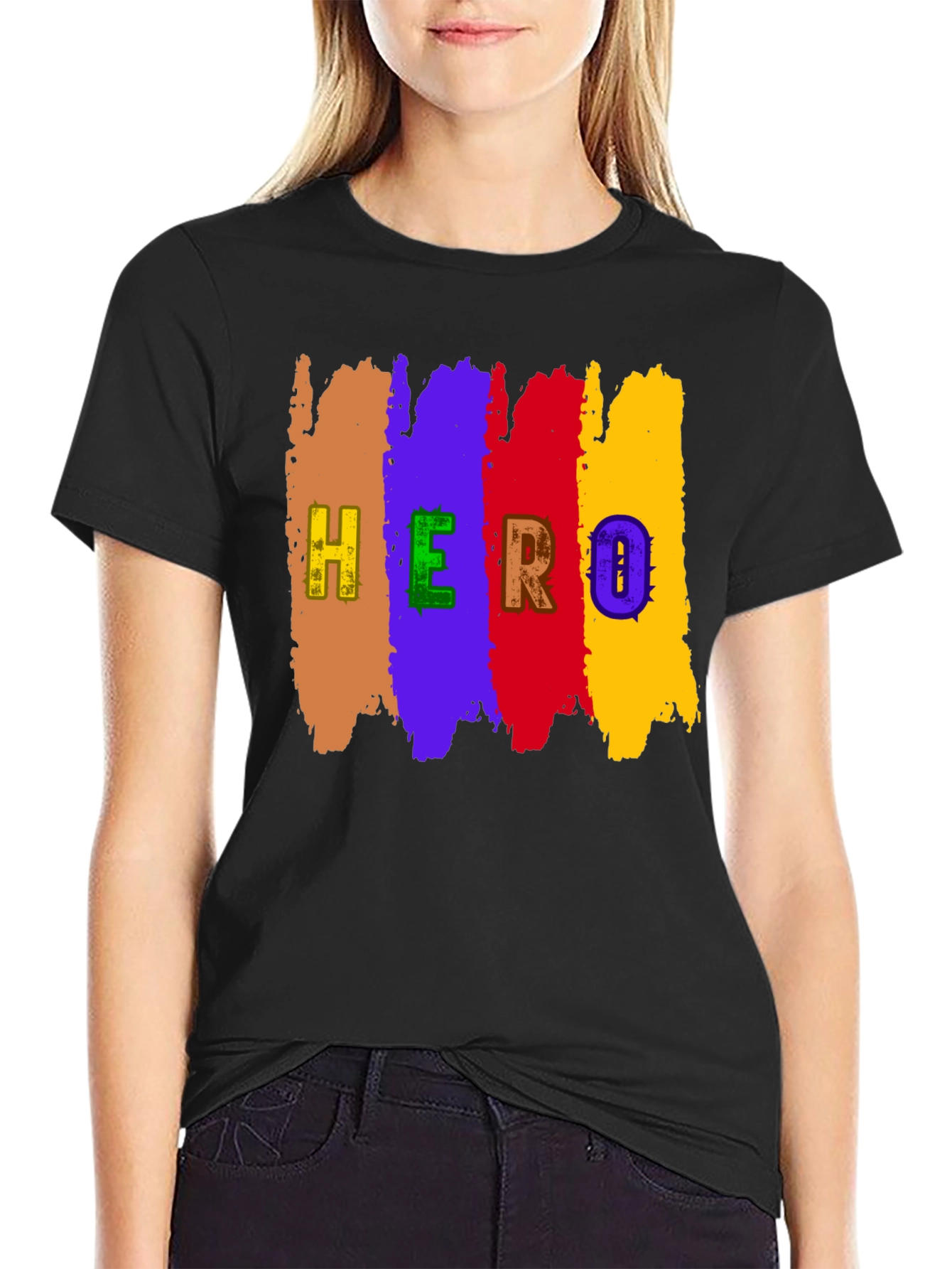 Colorful Hero Graphic Print Black T-Shirt
