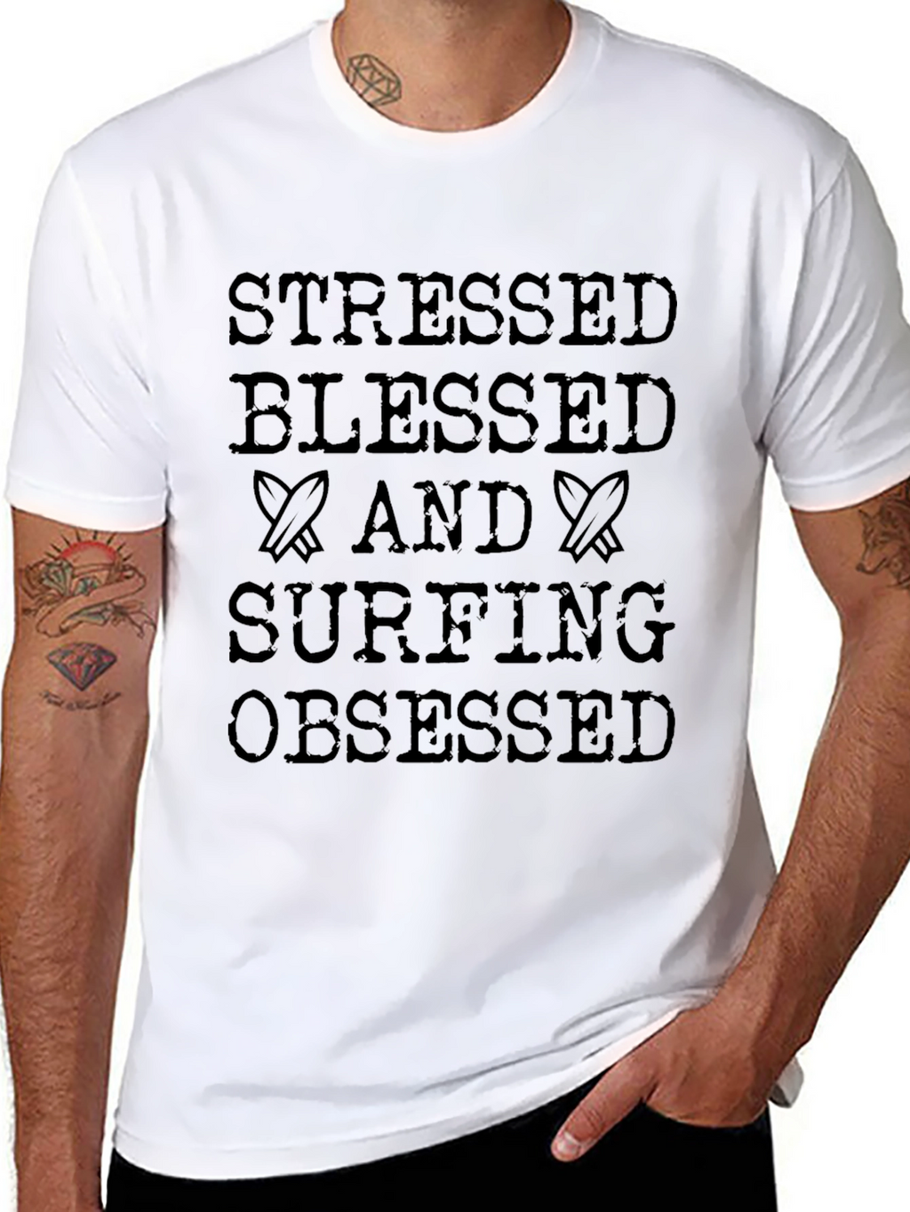 Stressed Blessed Surfing Obsessed Black T-Shirt